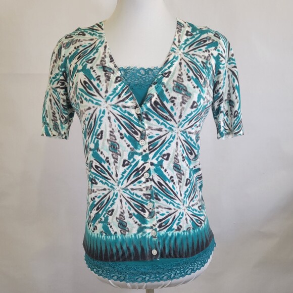 Ann Taylor abstract print V neck short sleeve cardigan camisole set size XSP - Picture 1 of 13